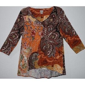 Chicos 1/Mediume Mix Print Tunic Top Multicolor Business Casual 3/4 Sleeve Vneck